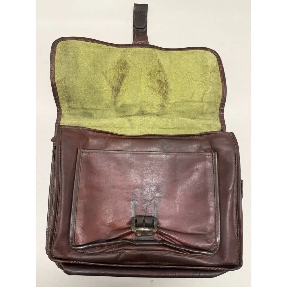 Vintage Brown Leather Messenger Bag-Distressed Patina, Brass Buckle, Green Liner